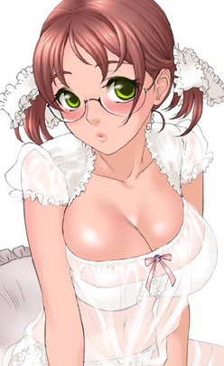 yonekura kengo, original, lowres, blush, breasts, brown hair, cleavage, glasses, green eyes, large breasts, lingerie, lips, navel, short twintails, solo, twintails, underwear