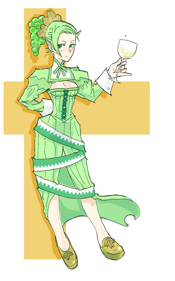 artist request, bad link, 1girl, alcohol, blush, breast cutout, breasts, buttoned cuffs, buttons, closed mouth, clothing cutout, cross-laced clothes, cross-laced dress, cross background, cup, dress, drinking glass, drop shadow, expressionless, food-themed hair ornament, full body, grape (white) (rainbow herb farm), grape hair ornament, green dress, green eyes, green ribbon, green sash, green sleeves, hair ornament, hand on own hip, holding, holding cup, leaf hair ornament, legs apart, lone nape hair, long dress, looking at viewer, medium breasts, narrow waist, neck ribbon, rainbow herb farm, ribbon, sash, shoes, short hair, simple background, sleeve cuffs, solo, standing, two-tone sash, white background, white sash, white sleeve cuffs, white wine, wine, wine glass, yellow leaves, yellow shoes