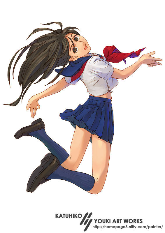 youki katsuhiko, yuuki katsuhiko, original, 1girl, blue socks, brown eyes, brown hair, female focus, jumping, kneehighs, loafers, long hair, open mouth, pleated skirt, school uniform, serafuku, shoes, skirt, socks, solo