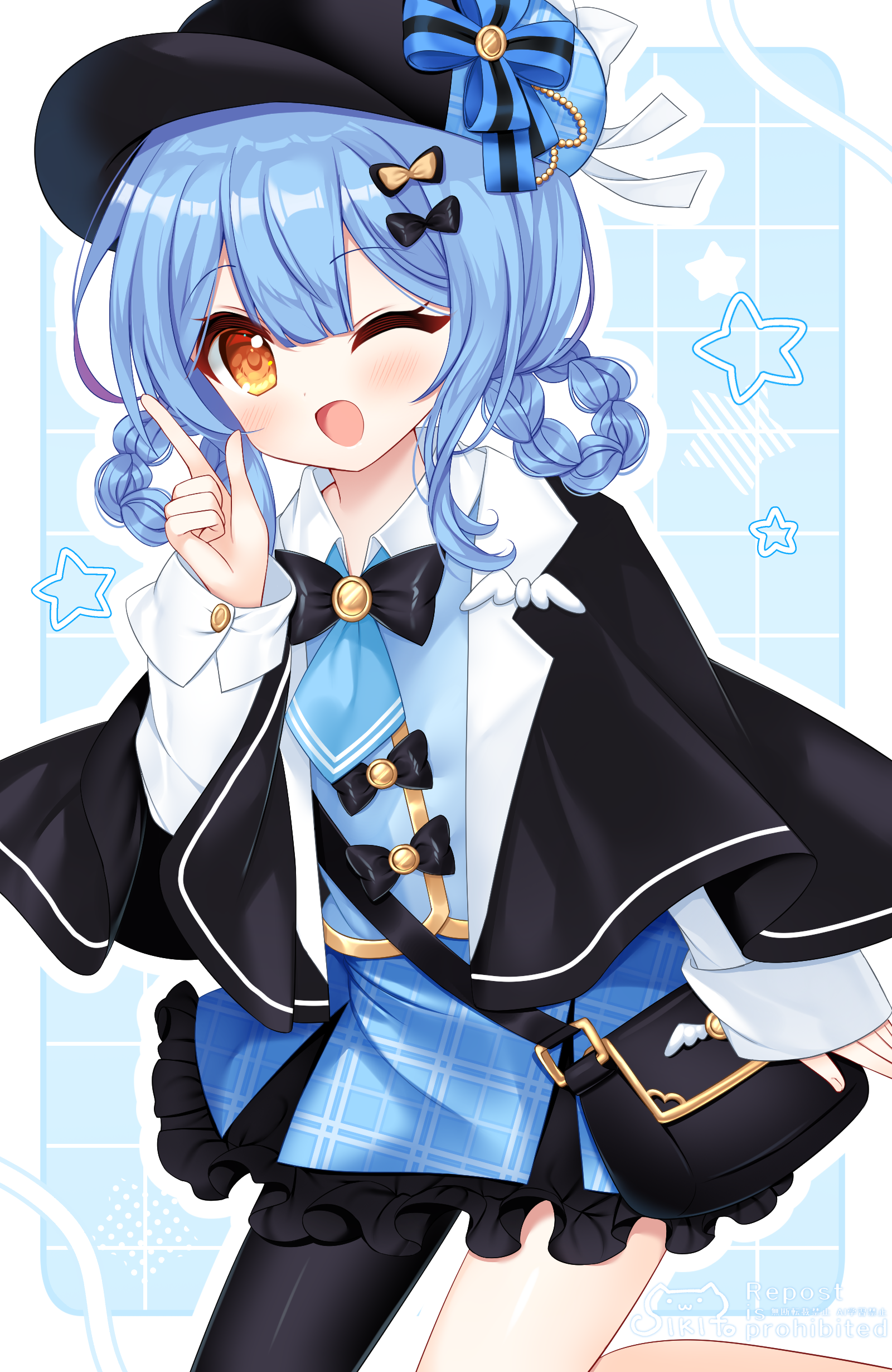 shikito (yawa0w0), tachibana sherry, mahou shoujo no majo saiban, absurdres, commentary request, highres, 1girl, ;d, bag, black bow, black cloak, black pantyhose, blue background, blue hair, blue hat, blue shirt, blue skirt, bow, braid, brown eyes, cloak, collared shirt, frilled skirt, frills, grid background, hair between eyes, hair rings, hand up, hat, index finger raised, long sleeves, looking at viewer, newsboy cap, one eye closed, open mouth, outline, pantyhose, plaid clothes, plaid hat, plaid skirt, shirt, shoulder bag, single leg pantyhose, skirt, sleeves past wrists, smile, solo, twin braids, white outline