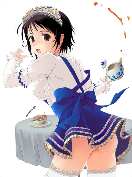 yurikuta tsukumi, lace-trimmed legwear, copyright request, blouse, cup, from behind, lace, lace trim, looking back, maid, no panties, saucer, shirt, simple background, solo, teacup, thighhighs, waitress, white background, white shirt, white thighhighs, zettai ryouiki