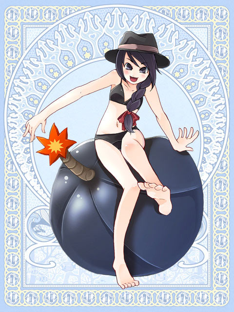 kaisanbutsu, silver rain, jpeg artifacts, 1girl, barefoot, bikini, black bikini, black eyes, black hair, bomb, braid, explosive, feet, female focus, fuse, hat, long hair, smile, solo, swimsuit