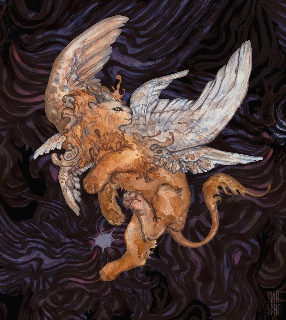 winged lion (dungeon meshi), dungeon meshi, animal, demon, demon horns, feathered wings, horns, lion, mane, multiple wings, ruaidhriart, solo, wavy background, winged animal, wings