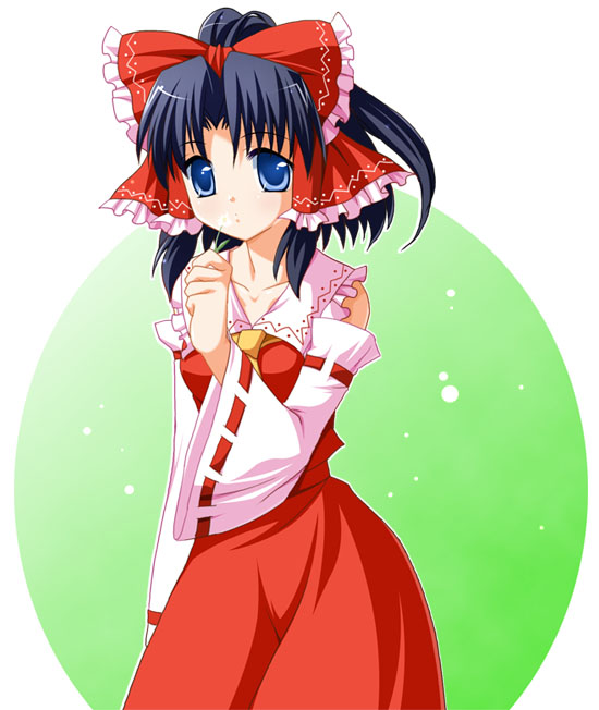 maroppe, hakurei reimu, imperishable night, touhou, 1girl, arm at side, ascot, bare shoulders, black hair, blue eyes, blush, bow, collar, collarbone, detached sleeves, dress, female focus, frilled collar, frills, hair bow, holding, looking at viewer, nontraditional miko, ponytail, red bow, red dress, simple background, sleeveless, sleeveless dress, solo, white background, wide sleeves