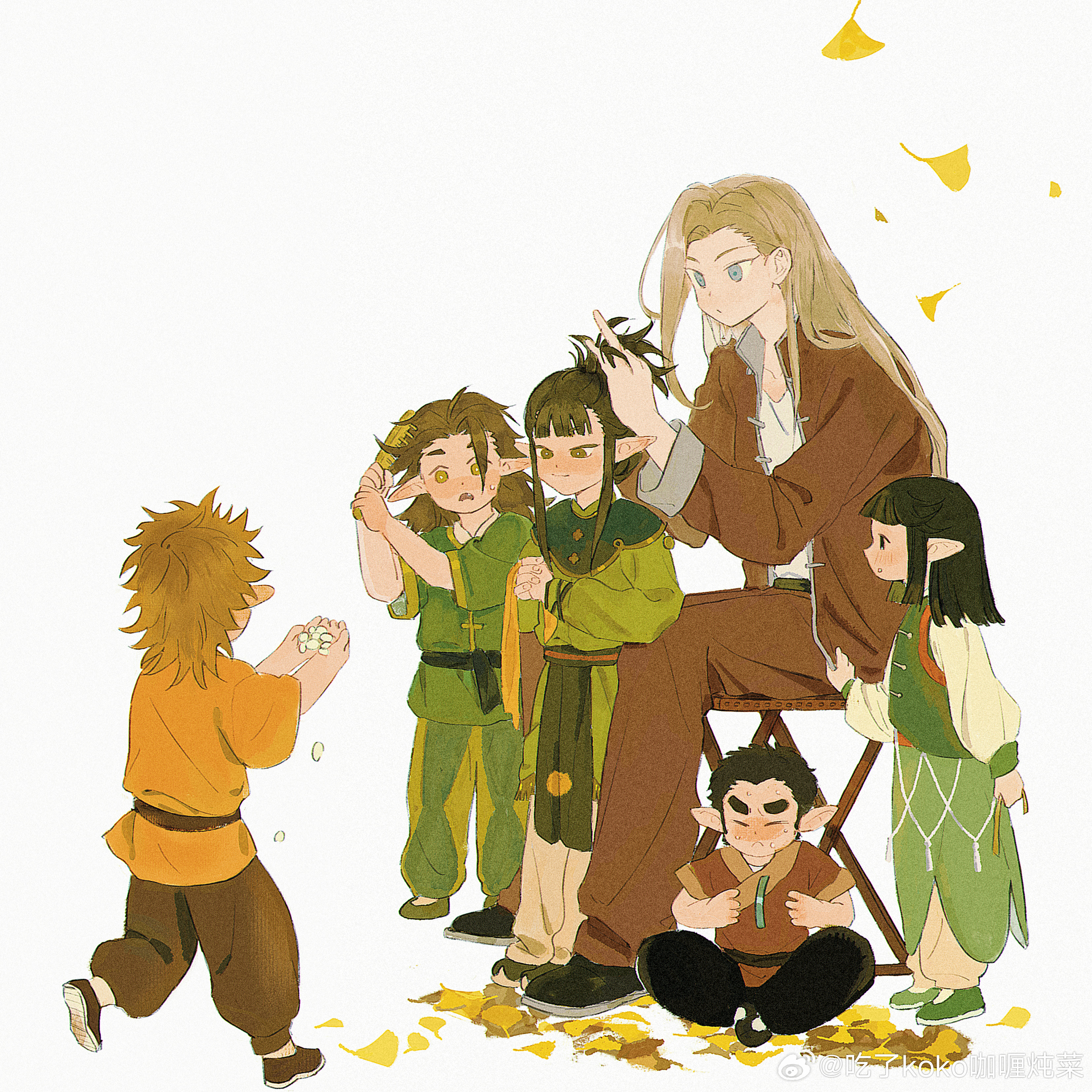 luo xiaohei zhanji, absurdres, highres, 3boys, 3girls, black hair, blue eyes, blunt bangs, brown eyes, brown hair, brown jacket, brown pants, chinese clothes, comb, ginkgo leaf, holding, holding comb, jacket, leaf, long sleeves, luye (the legend of luoxiaohei), multiple boys, multiple girls, pants, pointy ears, simple background, weibo 7724478971, white background