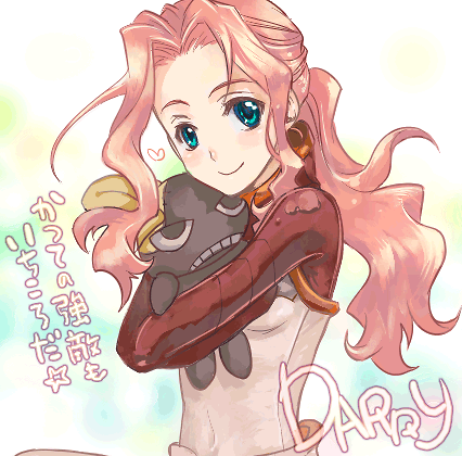 furayu (flayu), numeri (gunfra), darry adai, tengen toppa gurren lagann, lowres, 00s, 1girl, aqua eyes, blush, doll, female focus, heart, hug, long hair, pink hair, smile, solo, stuffed animal, stuffed toy, wavy hair