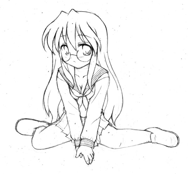 kinagi yuu, takara miyuki, lucky star, graphite (medium), traditional media, 00s, 1girl, breasts, cleavage, female focus, glasses, greyscale, monochrome, school uniform, serafuku, small breasts, solo