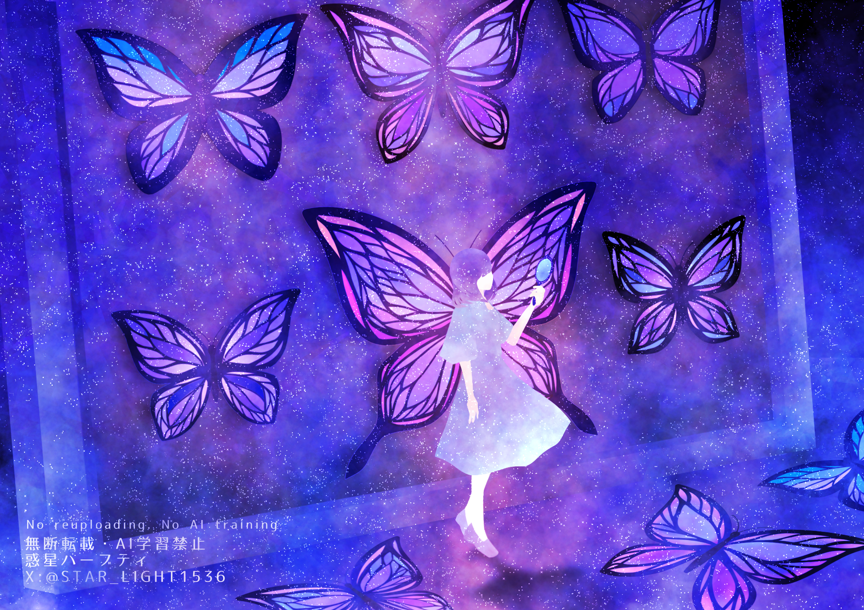wakusei habuti, original, commentary request, highres, 1girl, bug, butterfly, cool colored, dress, forced perspective, full body, hand mirror, holding, holding mirror, insect, mirror, optical illusion, shoes, short sleeves, solo, standing, twitter username