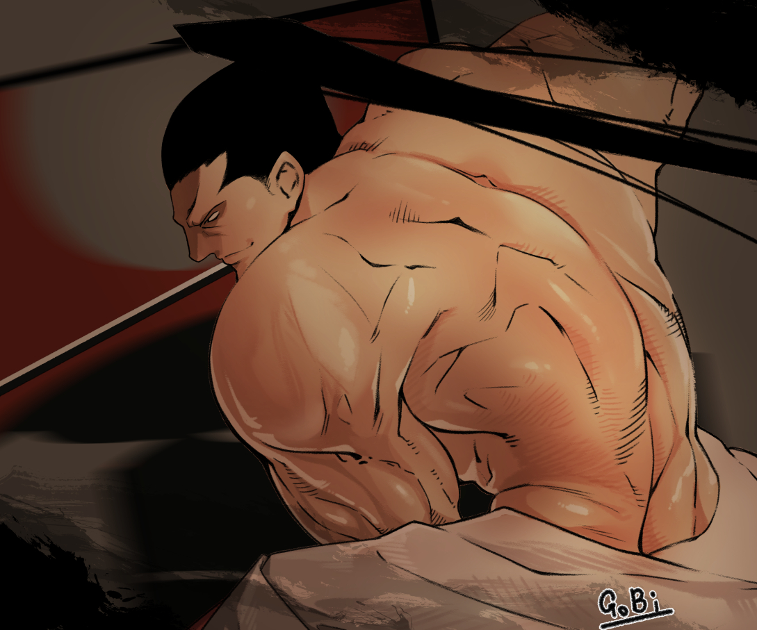kibagami genjuro, samurai spirits, 1boy, alternate hair color, artist name, back muscles, black hair, closed mouth, fighting stance, from behind, gobinosuke, holding, holding sword, holding weapon, japanese clothes, katana, long hair, looking to the side, male focus, muscular, muscular male, ponytail, solo, sword, topless female, upper body, weapon