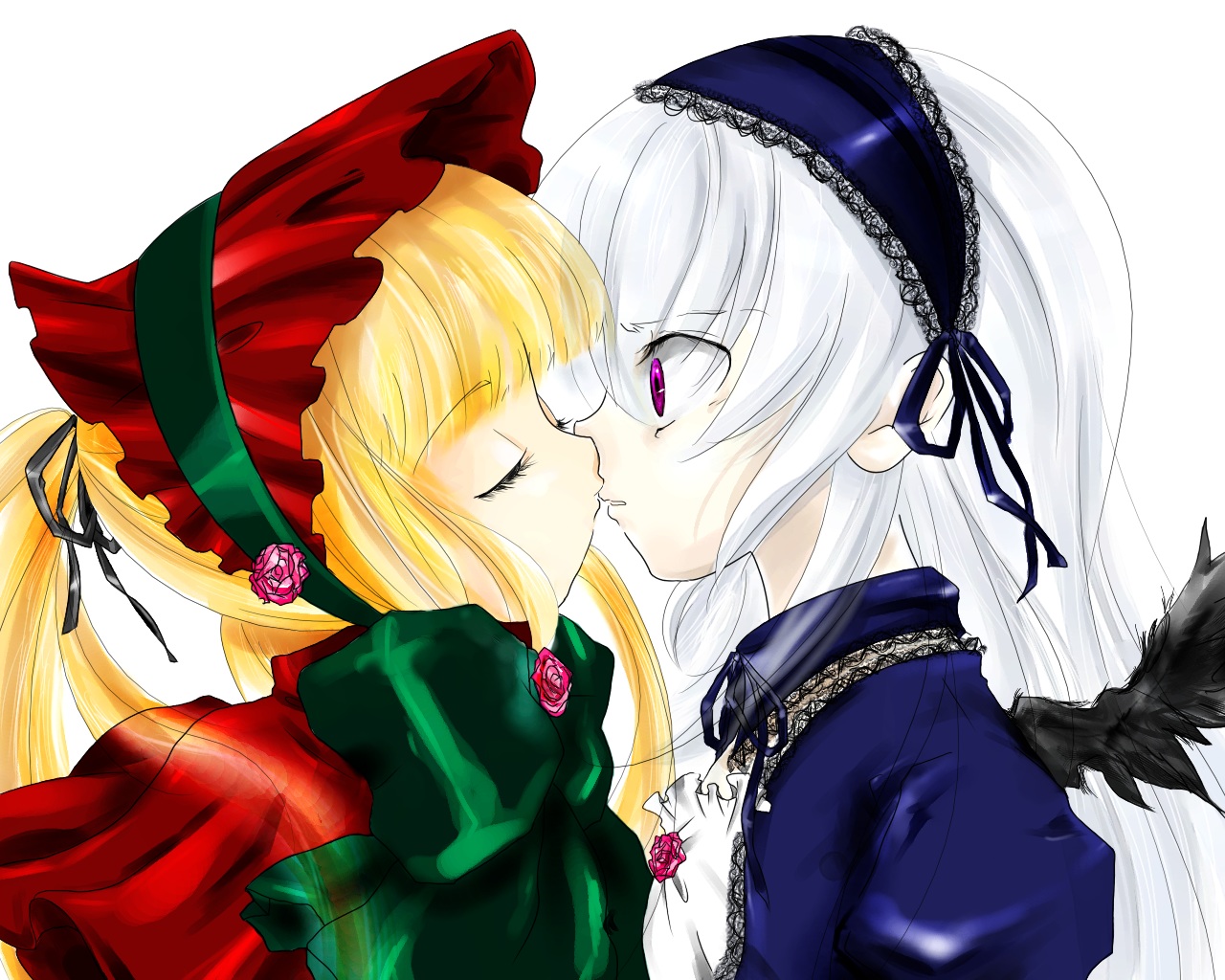 usamisan, shinku, suigintou, rozen maiden, 00s, 2girls, kiss, multiple girls, yuri