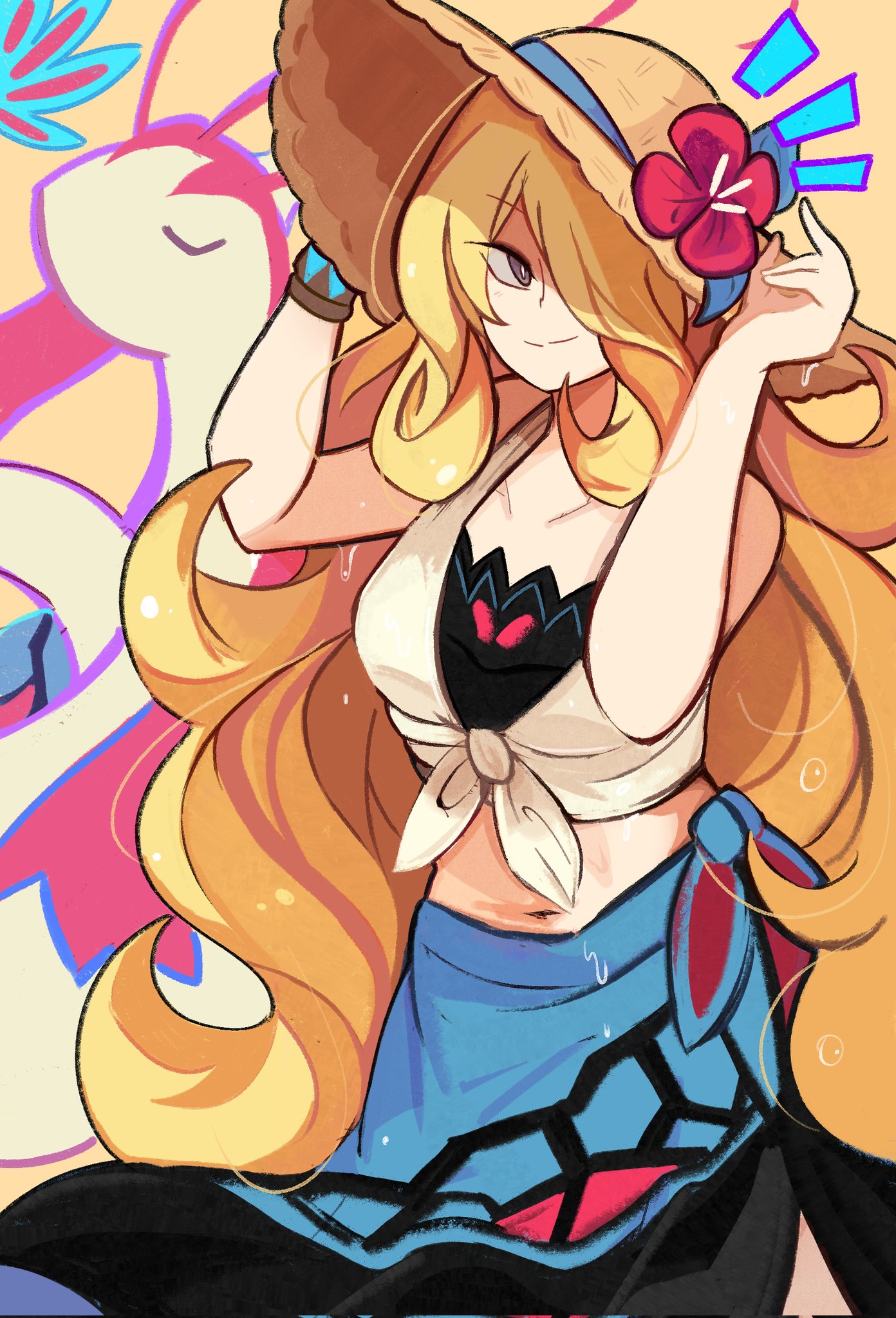 homriette, cynthia (pokemon), cynthia (summer 2025) (pokemon), milotic, nintendo, pokemon, pokemon masters ex, highres, 1girl, bikini, blonde hair, blue sarong, bracelet, breasts, brown hat, closed eyes, closed mouth, collared shirt, crop top, flower, flower hat, gen 3 pokemon, grey eyes, hair over one eye, hat, hat flower, jewelry, long hair, looking at viewer, midriff, navel, official alternate costume, sarong, shirt, smile, straw hat, sun hat, swimsuit, tied shirt, very long hair