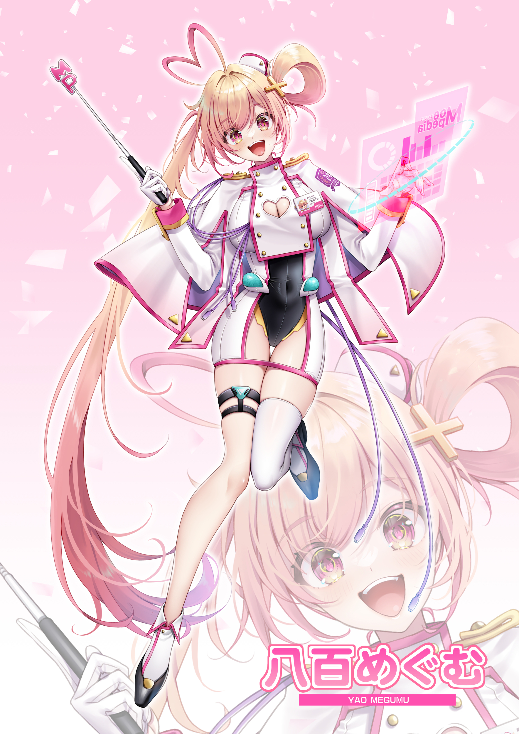 koma (kkbodkk), original, absurdres, commentary request, highres, 1girl, :d, ahoge, asymmetrical legwear, black leotard, black shoes, blonde hair, breasts, brown eyes, capelet, character name, cleavage cutout, clothing cutout, collared socks, covered navel, cross hair ornament, dress, epaulettes, gloves, gradient hair, hair ornament, hair rings, half gloves, hands up, hat, heart, heart ahoge, heart cutout, holding, holding pointer, holographic interface, id card, large breasts, leotard, long hair, mini hat, multicolored hair, open mouth, pink background, pink hair, pink trim, pointer, shoes, side ponytail, single hair ring, skin tight, skindentation, sleeve cuffs, smile, socks, solo, standing, standing on one leg, teeth, thigh gap, thigh strap, thighhighs, uneven legwear, upper teeth only, very long hair, white capelet, white dress, white gloves, white hat, white socks, white thighhighs, zoom layer