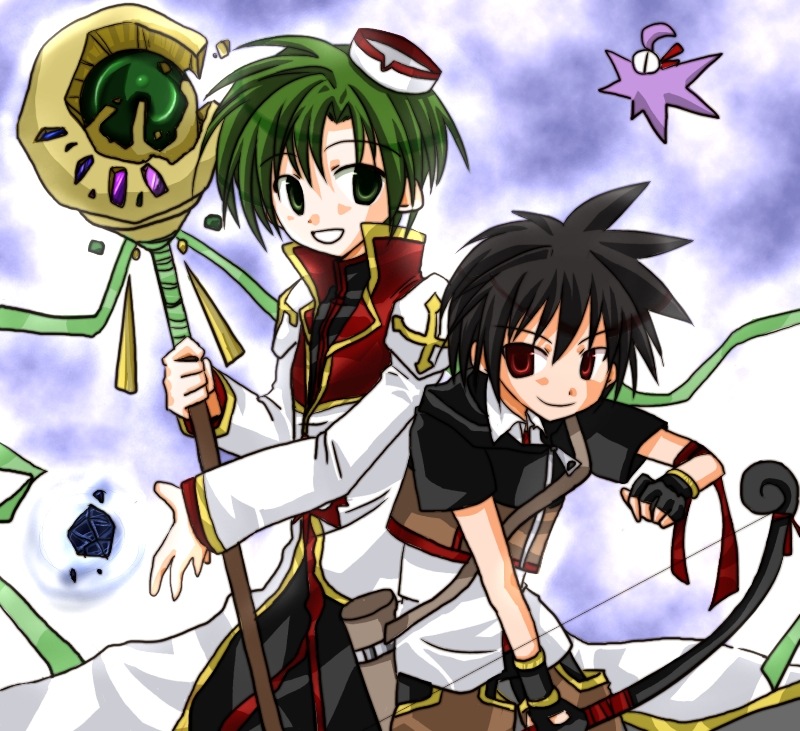 high priest (ragnarok online), hunter (ragnarok online), ragnarok online, commentary request, 2000s (style), 2boys, alternate color, biretta, black gloves, black hair, black jacket, black pants, blue background, bow (weapon), brown shorts, closed mouth, coat, cowboy shot, cropped jacket, fingerless gloves, gloves, gold trim, green eyes, green hair, harasaka (cross), hat, holding, holding bow (weapon), holding staff, holding weapon, jacket, long sleeves, looking at viewer, male focus, multicolored coat, multiple boys, open mouth, pants, pants under shorts, red coat, red eyes, shirt, short hair, shorts, smile, spiked hair, staff, two-tone coat, weapon, white coat, white hat, white shirt