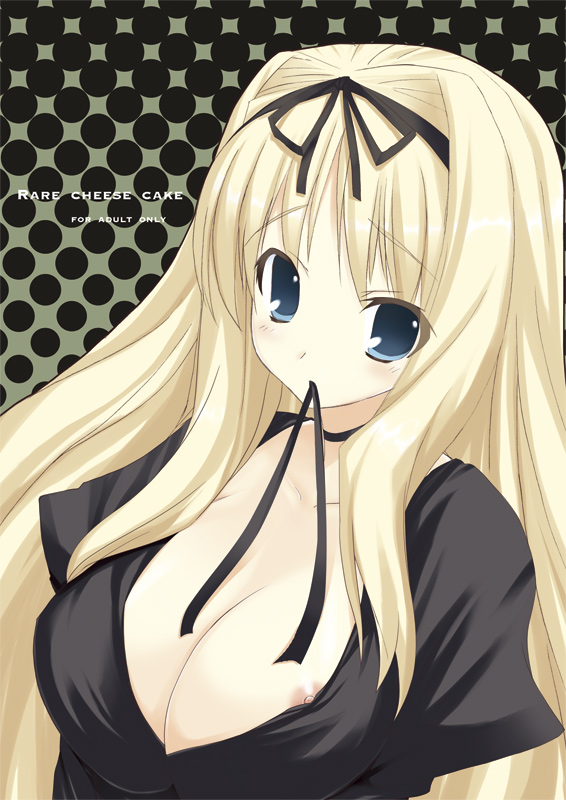 kaneru, kusugawa sasara, to heart (series), to heart 2, 00s, 1girl, blonde hair, blue eyes, breasts, cleavage, english text, engrish text, female focus, gradient background, halftone, halftone background, large breasts, long hair, mouth hold, nipple slip, nipples, ranguage, solo, very long hair