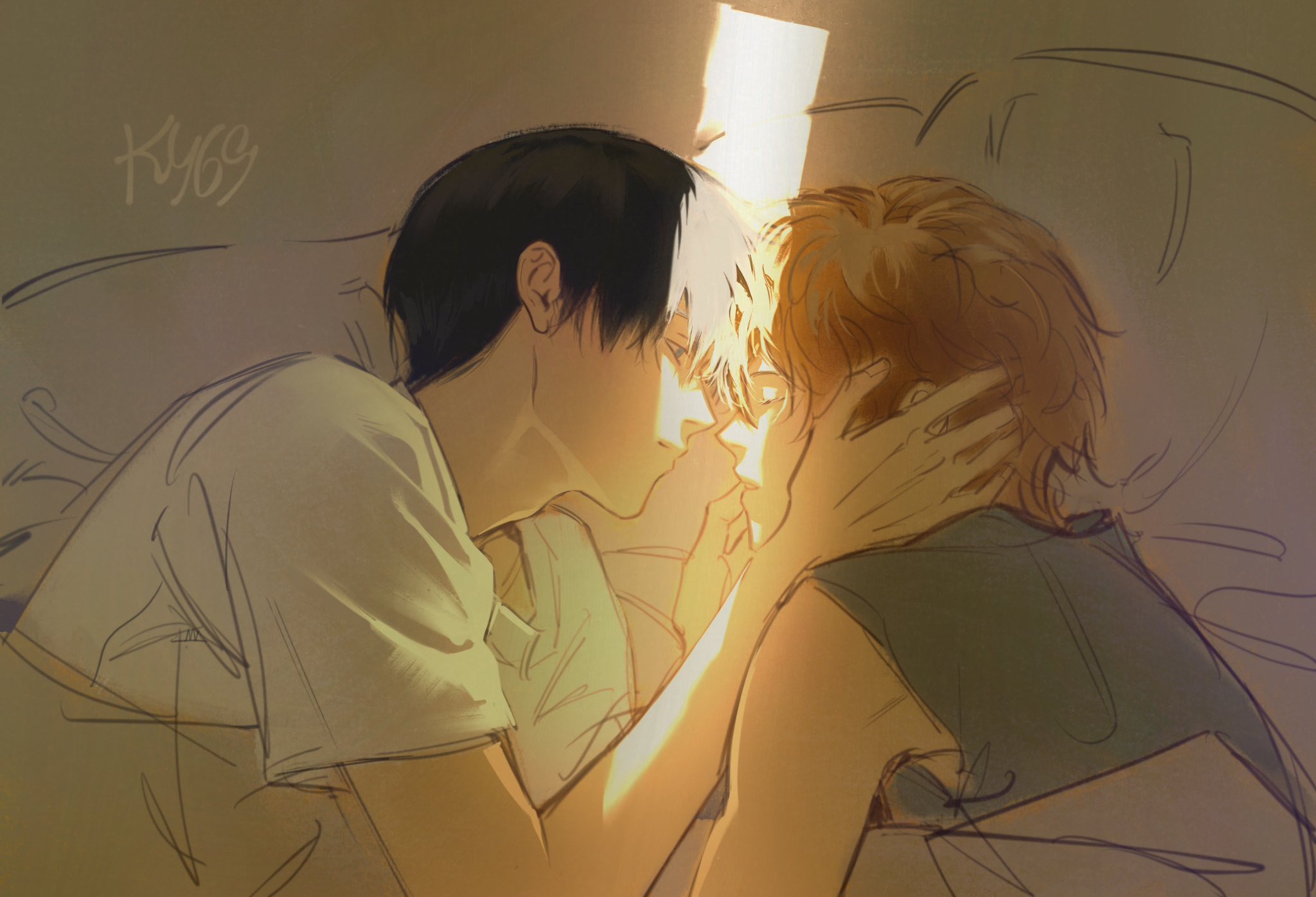 ky 69, hinata shouyou, kageyama tobio, haikyuu!!, hashtag-only commentary, highres, 2boys, artist name, black hair, blue eyes, blue shirt, closed eyes, closed mouth, crack of light, looking at another, lying, male focus, multiple boys, on side, orange hair, shirt, short hair, short sleeves, sleeping, sleeveless, white shirt, yaoi