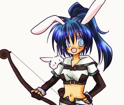 hunter (ragnarok online), lunatic (ragnarok online), ragnarok online, commentary request, lowres, 1girl, 2000s (style), :d, animal ears, blue eyes, blue hair, blush, bow (weapon), brown gloves, crop top, elbow gloves, fingerless gloves, gloves, harasaka (cross), high ponytail, long hair, looking at viewer, midriff, navel, open mouth, ponytail, rabbit, rabbit ears, rabbit girl, shirt, simple background, smile, solo, upper body, weapon, white background, white shirt