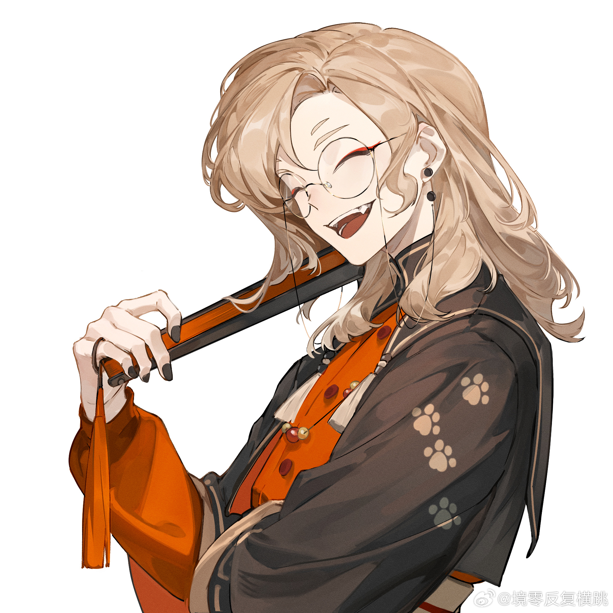 jingsang w, luo xiaohei zhanji, highres, 1boy, black nails, brown hair, closed eyes, earrings, folded fan, folding fan, glasses, hand fan, holding, holding fan, jewelry, long sleeves, medium hair, open mouth, round eyewear, simple background, smile, solo, white background, ximuzi