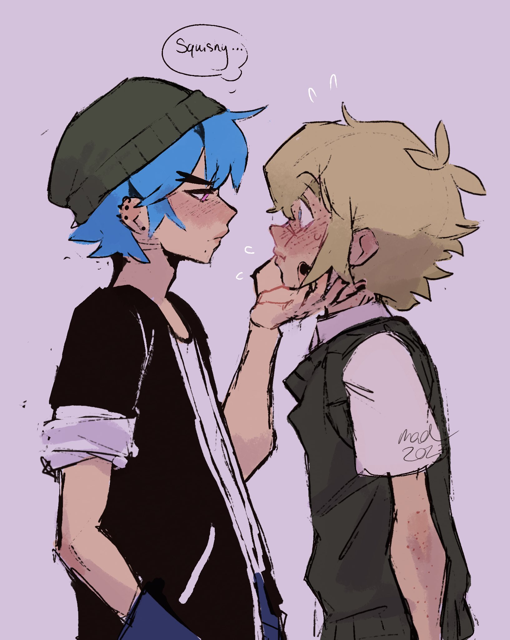 madnopost, aubrey (faraway) (omori), aubrey (omori), basil (faraway) (omori), basil (omori), omori, highres, 2023, 2boys, antenna hair, black jacket, black nails, blonde hair, blue eyes, blue hair, blush, closed mouth, ear piercing, english text, flying sweatdrops, genderswap, genderswap (mtf), jacket, looking at another, multiple boys, open clothes, open jacket, piercing, pink eyes, purple background, shirt, short hair, short sleeves, sidelocks, simple background, sketch, speech bubble, thought bubble, white shirt, yaoi