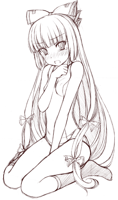 sin-go, fujiwara no mokou, touhou, 1girl, blunt bangs, blush, bow, female focus, greyscale, hair bow, hime cut, kneehighs, looking at viewer, monochrome, one-piece swimsuit, school swimsuit, sitting, sketch, socks, solo, swimsuit, tears, wariza