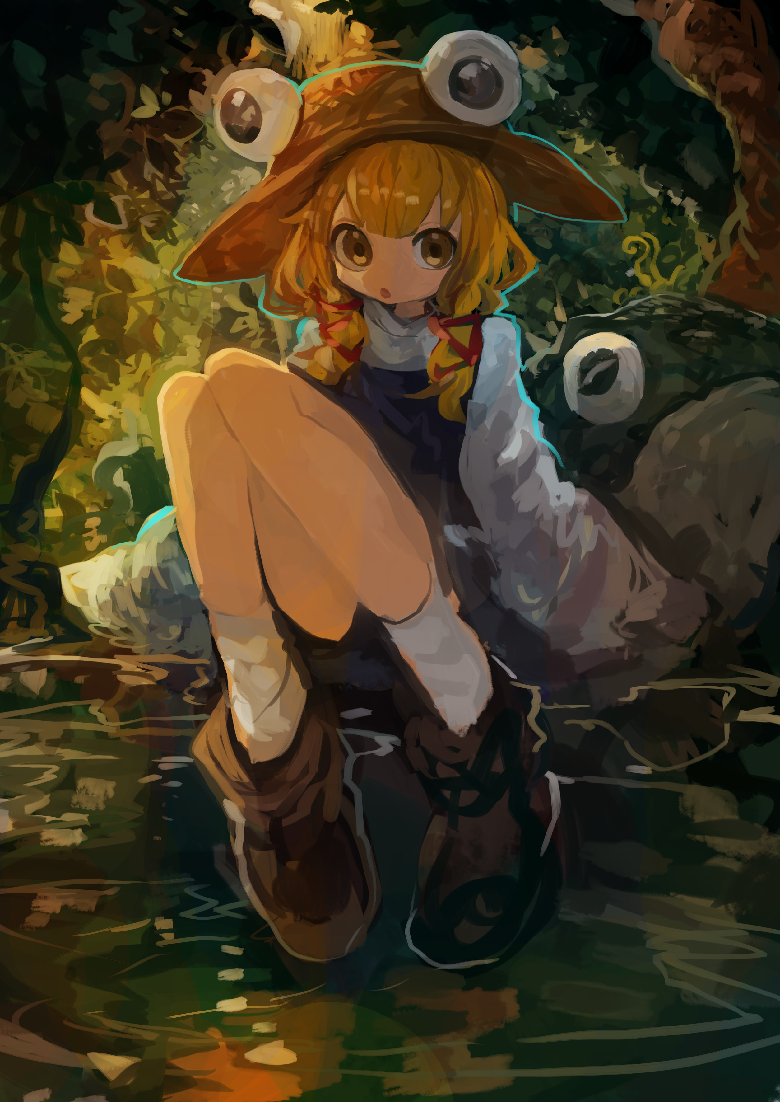kaamin (mariarose753), moriya suwako, touhou, absurdres, commentary, highres, 1girl, :o, blonde hair, boots, brown boots, brown hat, frog, full body, hair ribbon, hat, knees together feet apart, knees up, long sleeves, looking at viewer, medium hair, no nose, outdoors, purple vest, red ribbon, ribbon, shirt, sidelocks, sitting, sleeves past fingers, sleeves past wrists, socks, solo focus, tress ribbon, turtleneck, turtleneck shirt, vest, white shirt, white socks, yellow eyes