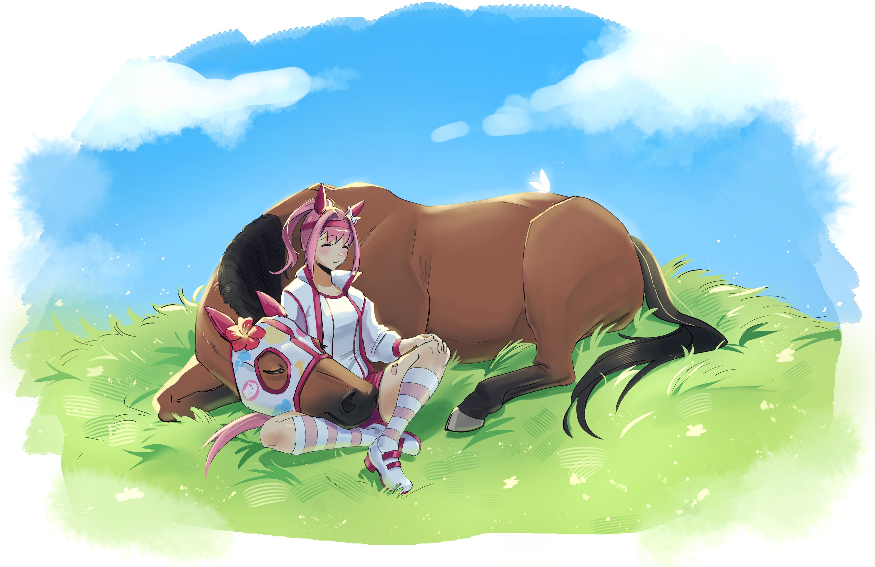 yorobisan, haru urara (racehorse), haru urara (umamusume), real life, umamusume, highres, 1girl, animal ears, blue sky, blush, bow, buruma, closed eyes, closed mouth, cloud, creature and personification, ear bow, ear covers, field, grass, hairband, haru urara (bestest prize) (umamusume), headband, horse, horse ears, horse girl, horse tail, jacket, long hair, outdoors, personification, pink buruma, pink hair, pink headband, ponytail, red buruma, red headband, shirt, shoes, sky, sleeping, smile, socks, striped clothes, striped socks, tail, white jacket, white shirt