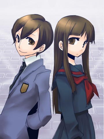 bk, mudo (saji), fujioka haruhi, ouran high school host club, lowres, 00s, 2girls, androgynous, crossdressing, crossdressing (ftm), dual persona, multiple girls, reverse trap, school uniform, serafuku
