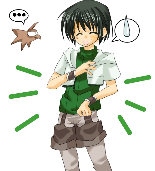 hunter (ragnarok online), ragnarok online, commentary request, …, 1boy, 2000s (style), :d, alternate color, bird, black hair, closed eyes, cowboy shot, cropped jacket, green shirt, grey pants, grey shorts, harasaka (cross), jacket, male focus, open mouth, pants, pants under shorts, shirt, short hair, short sleeves, shorts, simple background, smile, solo, spoken ellipsis, spoken sweatdrop, sweatdrop, white background, white jacket