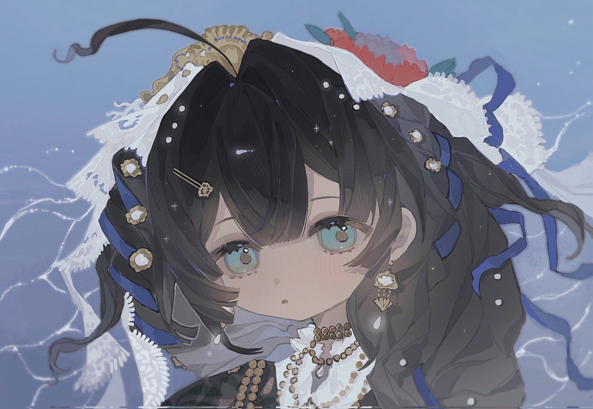 mooonfalldown, fatutu, reverse:1999, highres, 1girl, :o, ahoge, bead necklace, beads, blue background, blue eyes, dark-skinned female, dark skin, earrings, hair ornament, jewelry, looking at viewer, necklace, official alternate costume, portrait, solo