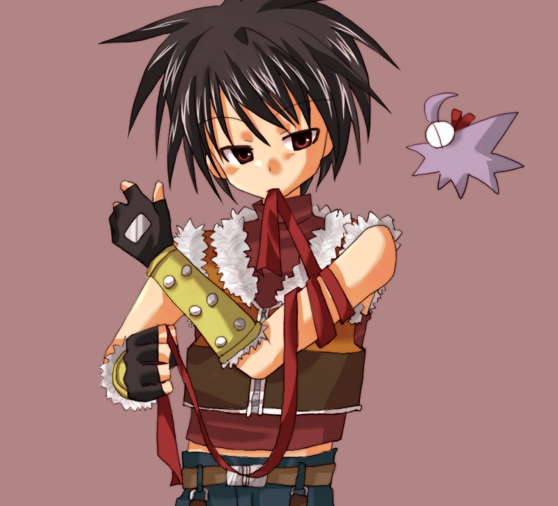 sniper (ragnarok online), ragnarok online, commentary request, 1boy, 2000s (style), armband, bird, black gloves, black hair, brown background, brown shirt, closed mouth, fingerless gloves, fur-trimmed gloves, fur-trimmed shirt, fur trim, gloves, harasaka (cross), male focus, red eyes, shirt, short hair, simple background, sleeveless, sleeveless shirt, solo, two-tone gloves, two-tone shirt, undershirt, upper body, yellow gloves