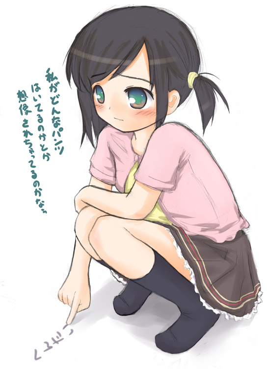 original, translation request, 1girl, child, female focus, side ponytail, socks, solo, squatting