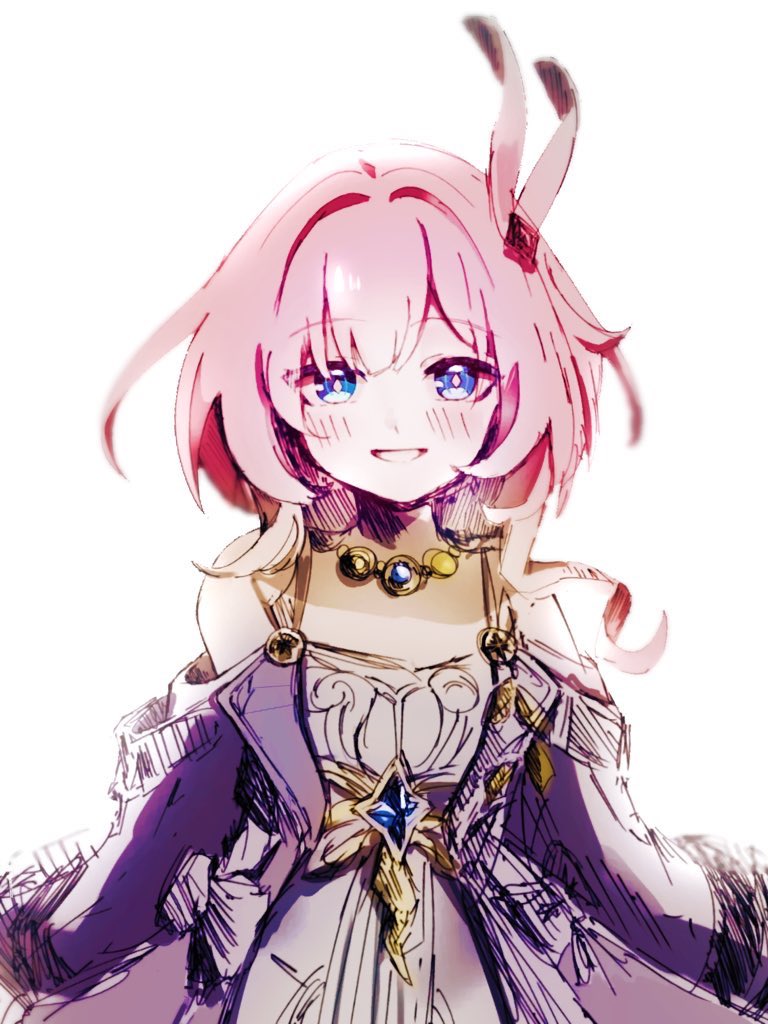cyrene (honkai: star rail), honkai: star rail, honkai (series), 1girl, bare shoulders, breasts, coat, cyrene (aedes elysiae) (honkai: star rail), daidaidaikon0, dress, hair ornament, jewelry, looking at viewer, multicolored hair, necklace, parted lips, pink hair, purple coat, short hair, simple background, small breasts, smile, solo, two-tone hair, white background, white dress, white hair
