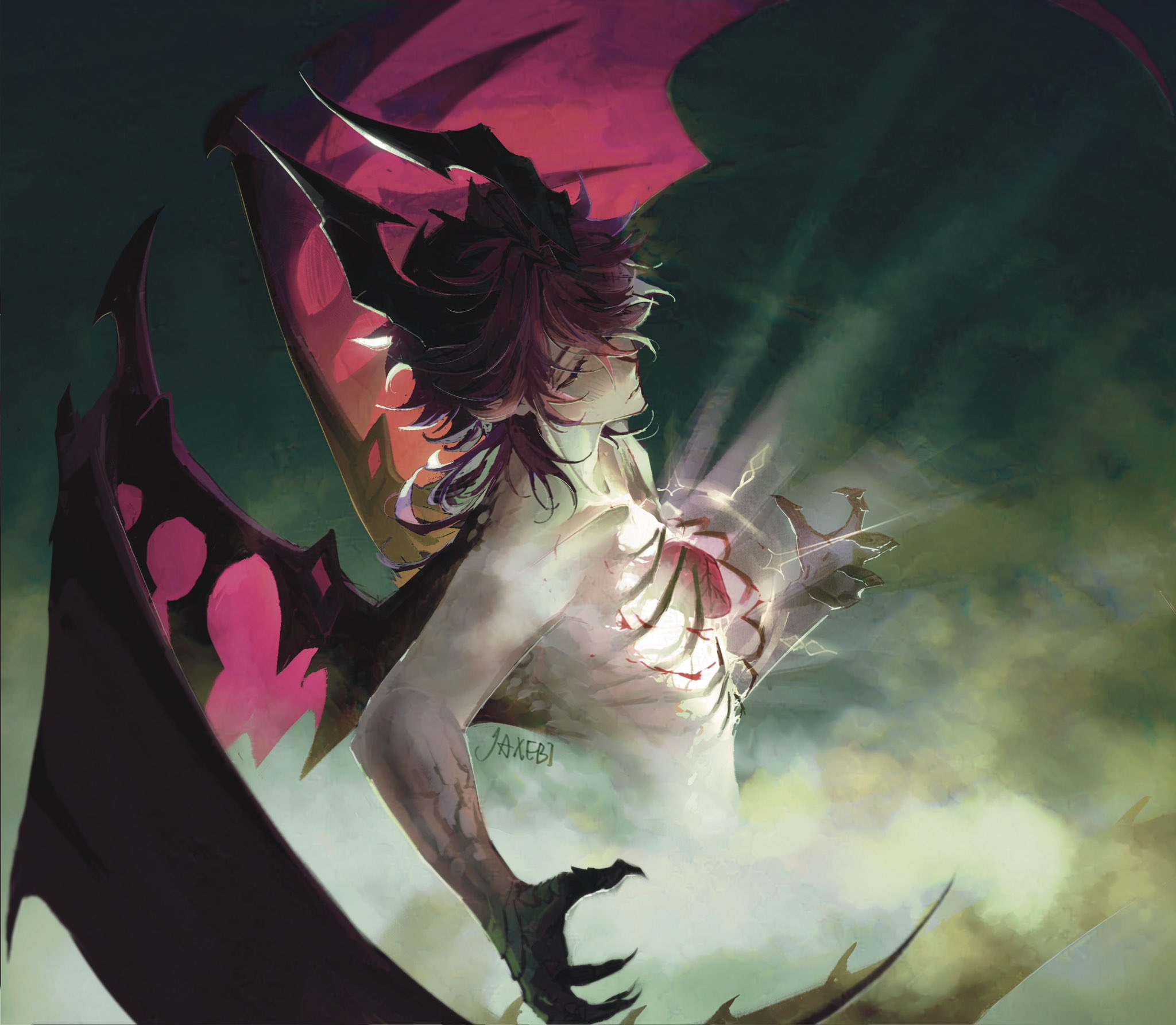 kntuju, mini durin (genshin impact), mini durin (human) (genshin impact), genshin impact, commentary, english commentary, highres, 1boy, artist name, bone, closed eyes, closed mouth, collarbone, colored skin, curly eyebrows, dragon boy, dragon horns, dragon wings, fog, from side, green background, hair between eyes, head tilt, heart, horns, multicolored skin, nude, purple hair, ribs, shade, short hair, solo, two-tone skin, upper body, veins, veiny arms, wings