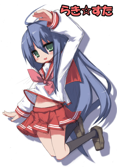 gozen shinshi, izumi konata, lucky star, 00s, 1girl, arms up, black hair, black socks, blue hair, female focus, green eyes, hair between eyes, kneehighs, loafers, long hair, long sleeves, looking at viewer, neckerchief, pink neckerchief, pleated skirt, sailor collar, school uniform, serafuku, shoes, skirt, socks, solo, very long hair