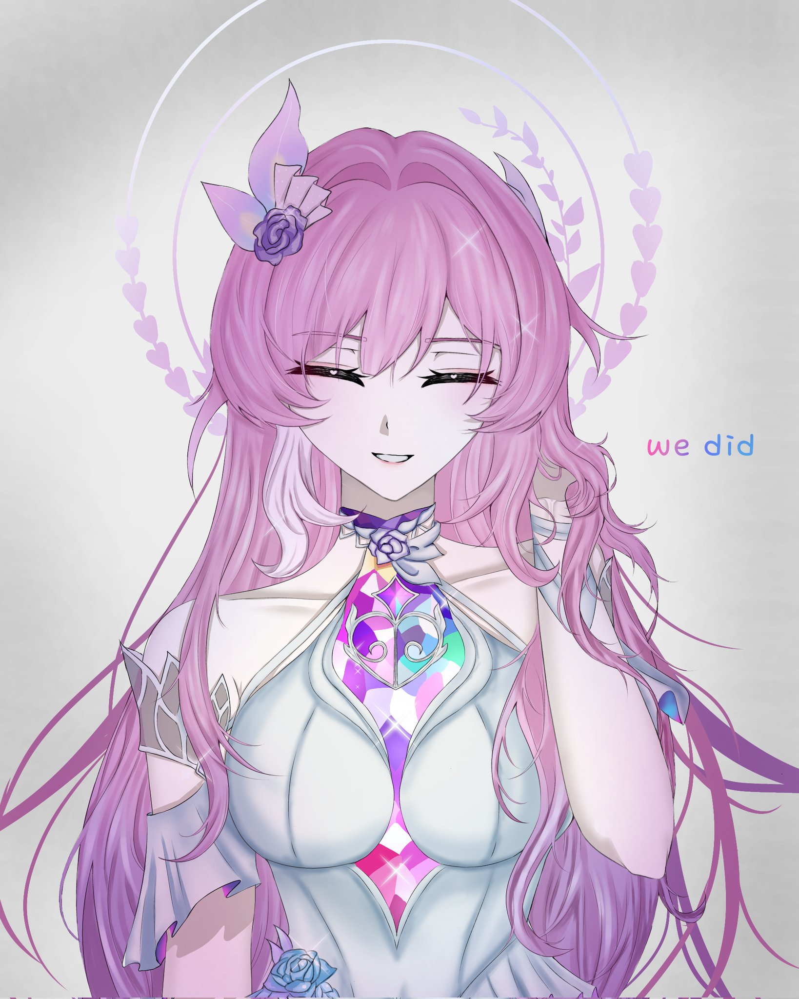 uyuillust, cyrene (honkai: star rail), cyrene (ripples of past reverie) (honkai: star rail), honkai: star rail, honkai (series), commentary request, corrupted twitter file, highres, korean commentary, 1girl, bare shoulders, breasts, detached sleeves, dress, english text, flower, grey background, hair flower, hair ornament, halo, large breasts, long hair, multicolored hair, pink hair, smile, solo, two-tone hair, upper body, very long hair, white dress, white hair