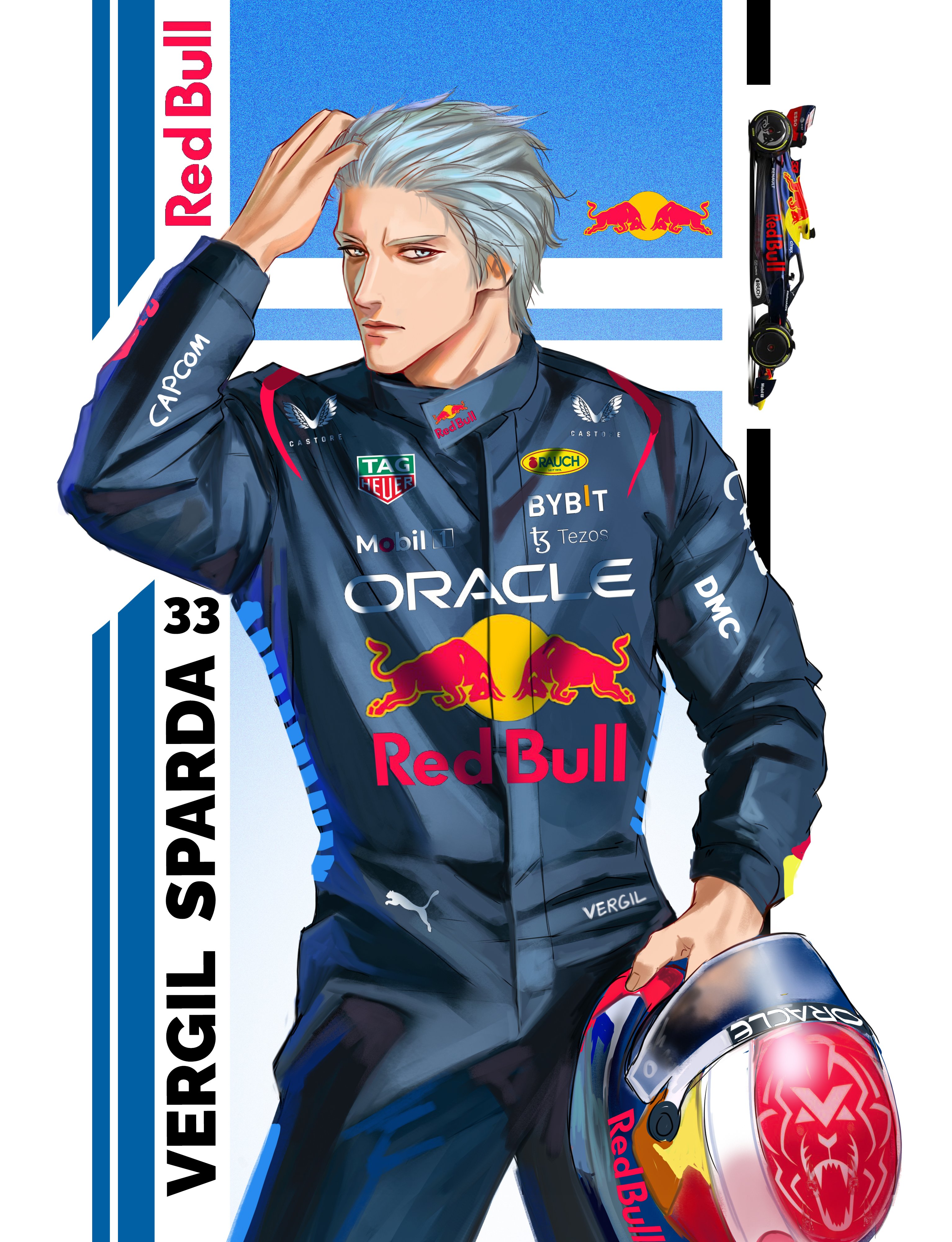 henoopd, vergil (devil may cry), devil may cry (series), formula one, red bull, absurdres, highres, 1boy, blue background, blue bodysuit, blue helmet, bodysuit, character name, cowboy shot, english text, grey hair, hair slicked back, helmet, male focus, print bodysuit, short hair, simple background, solo