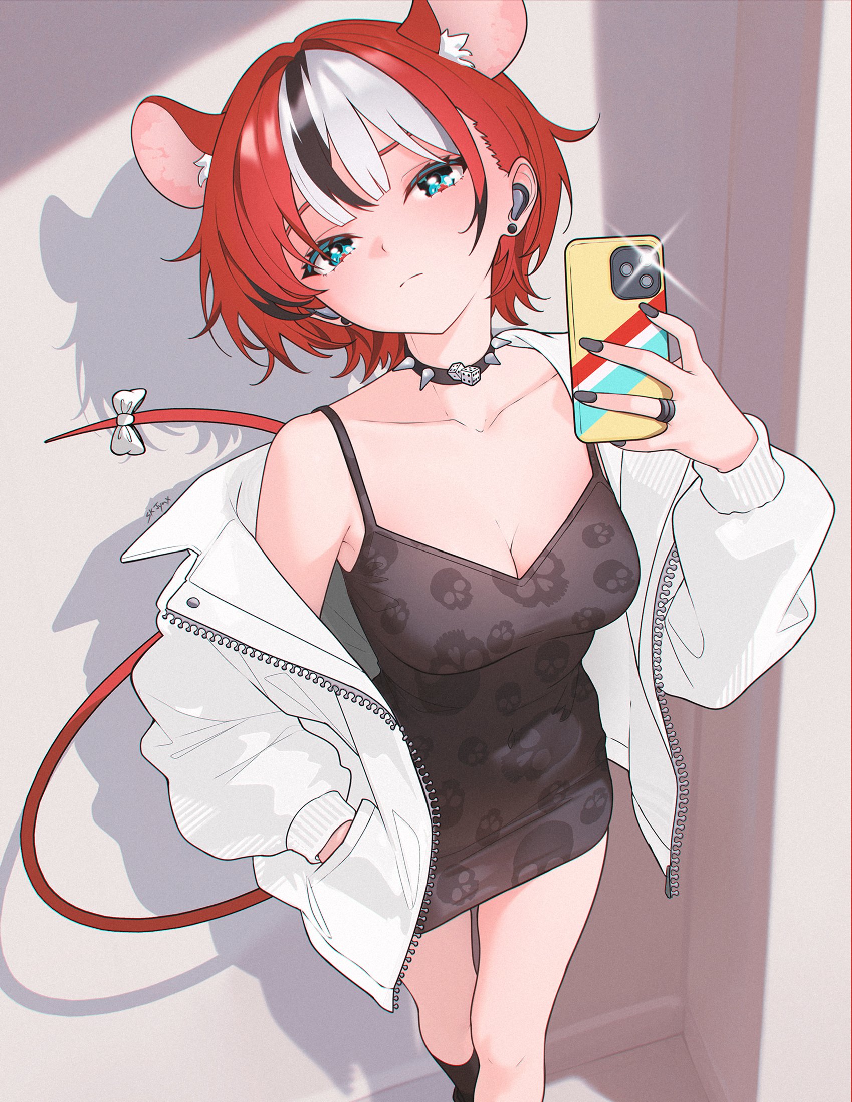 sk jynx, hakos baelz, hololive, hololive english, commentary, english commentary, highres, 1girl, alternate costume, alternate hair length, alternate hairstyle, animal ears, black collar, black dress, black hair, blue eyes, bow, breasts, cellphone, cleavage, closed mouth, collar, collarbone, dress, earbuds, earphones, hand in pocket, hand up, holding, holding phone, jacket, jewelry, looking at viewer, medium breasts, mouse ears, mouse girl, mouse tail, multicolored hair, off shoulder, phone, print dress, red hair, ring, short dress, short hair, skull print, sleeveless, sleeveless dress, smartphone, solo, spaghetti strap, spiked collar, spikes, standing, streaked hair, tail, tail bow, tail ornament, virtual youtuber, white hair, white jacket