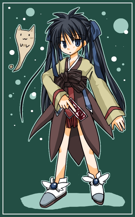 soul linker (ragnarok online), ragnarok online, commentary request, 1girl, 2000s (style), black hair, blue bow, blue eyes, bow, brown shirt, brown skirt, cat, crossdressing, expressionless, full body, ghost, green background, hair bow, hanbok, harasaka (cross), holding, holding ofuda, korean clothes, long hair, long sleeves, looking at viewer, ofuda, open mouth, shirt, shoes, skirt, solo, standing, twintails, white shoes