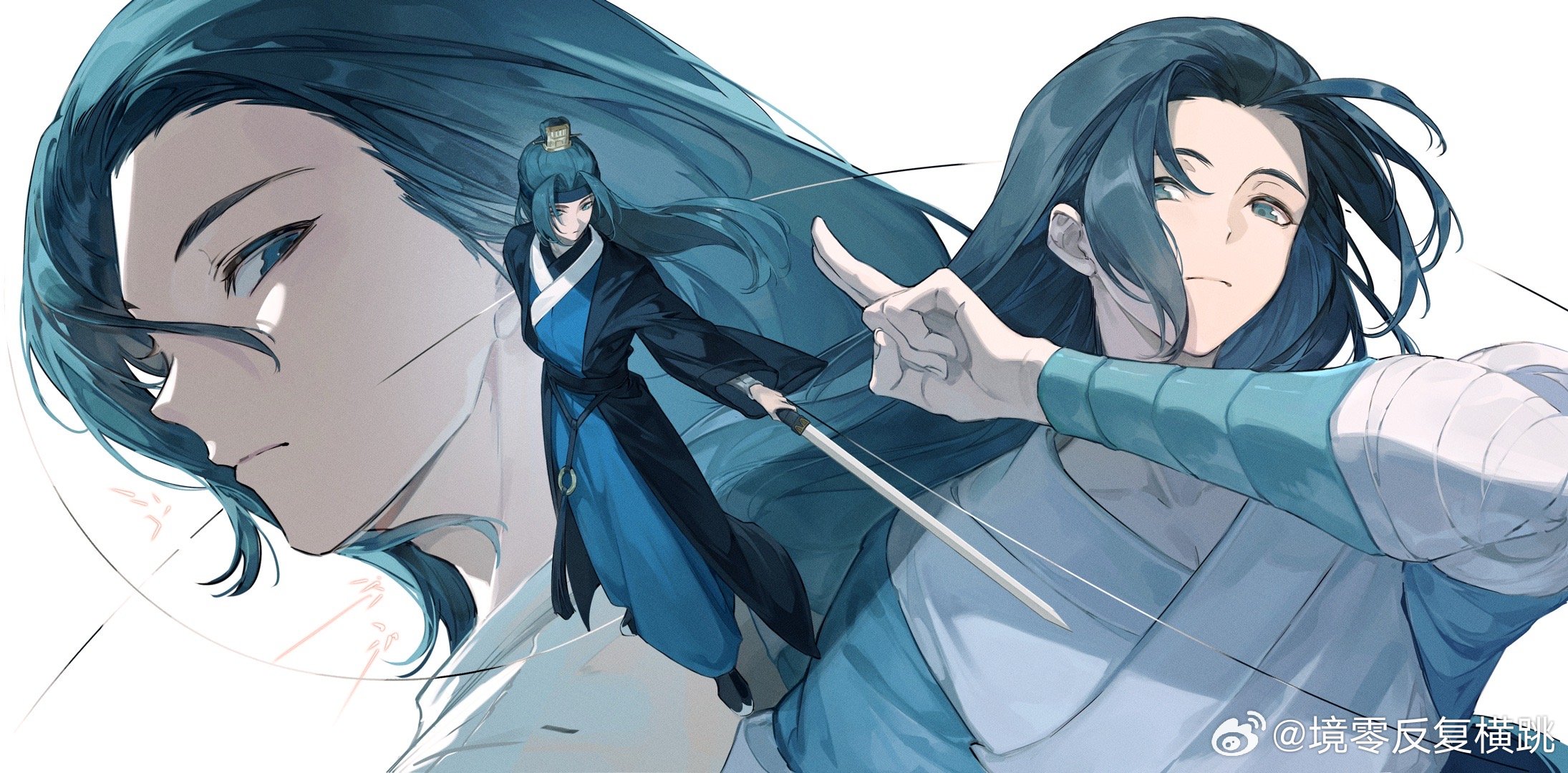jingsang w, wuxian (the legend of luoxiaohei), lanxi zhen, luo xiaohei zhanji, highres, 1boy, blue hair, hand up, holding, holding sword, holding weapon, long hair, long sleeves, multiple views, simple background, sword, weapon, white background, wide shot