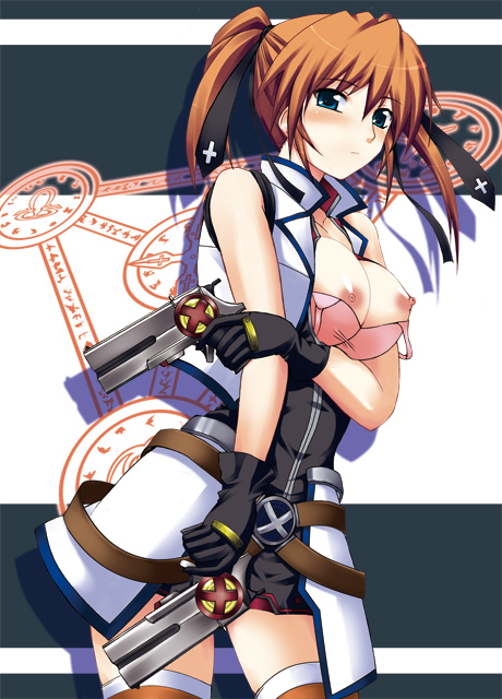 kuronezumi, cross mirage, teana lanster, lyrical nanoha, mahou shoujo lyrical nanoha, mahou shoujo lyrical nanoha strikers, 00s, 1girl, breasts, breasts squeezed together, dual wielding, female focus, gun, holding, large breasts, orange thighhighs, solo, thighhighs, weapon
