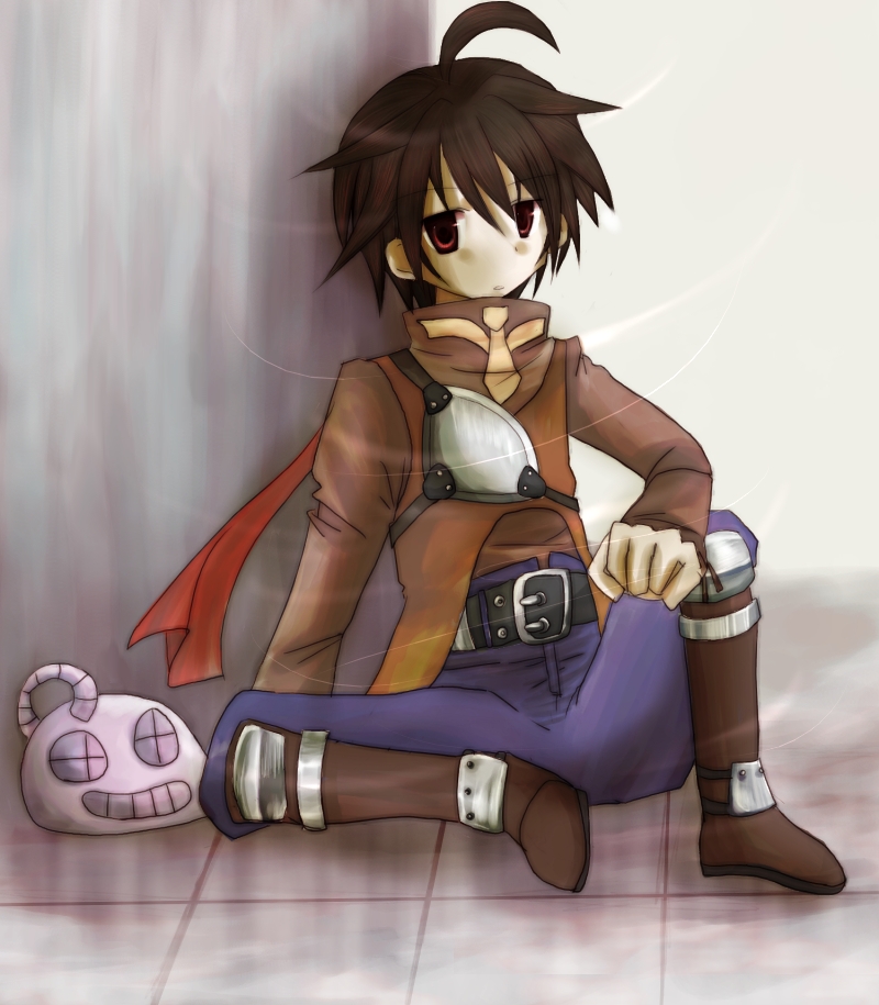 archer (ragnarok online), metaling, ragnarok online, commentary request, 1boy, 2000s (style), ahoge, aura, bio lab, boots, brown boots, brown hair, brown shirt, expressionless, full body, harasaka (cross), kavach icarus, long sleeves, looking at viewer, male focus, muneate, pants, parted lips, purple pants, red eyes, shirt, short hair, sitting, solo
