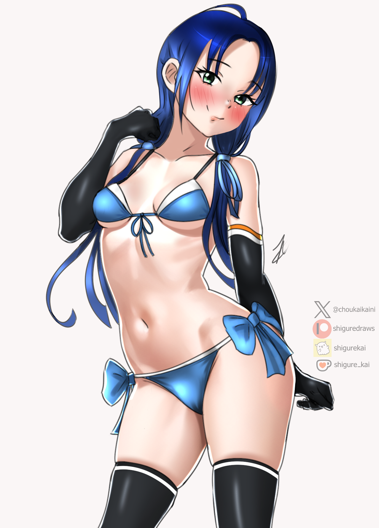 shigure (choukaikaini), shigure (kancolle), shigure kai san (kancolle), shigure kai san (swimsuit) (kancolle), suzukaze (kancolle), kantai collection, commentary, highres, 1girl, ahoge, bikini, black gloves, black thighhighs, blue bikini, blue hair, breasts, cosplay, elbow gloves, front-tie bikini top, front-tie top, gloves, green eyes, low twintails, navel, one-hour drawing challenge, shigure (kancolle) (cosplay), shigure kai san (kancolle) (cosplay), side-tie bikini bottom, simple background, small breasts, solo, swimsuit, thighhighs, twintails, watermark, white background