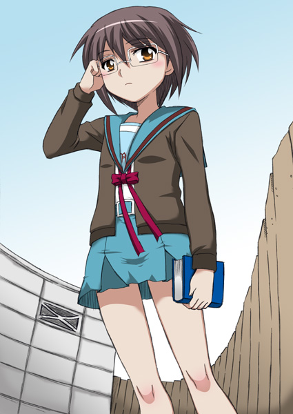 miyakodori takayuki, nagato yuki, suzumiya haruhi no yuuutsu, 00s, cardigan, glasses, school uniform, serafuku, solo