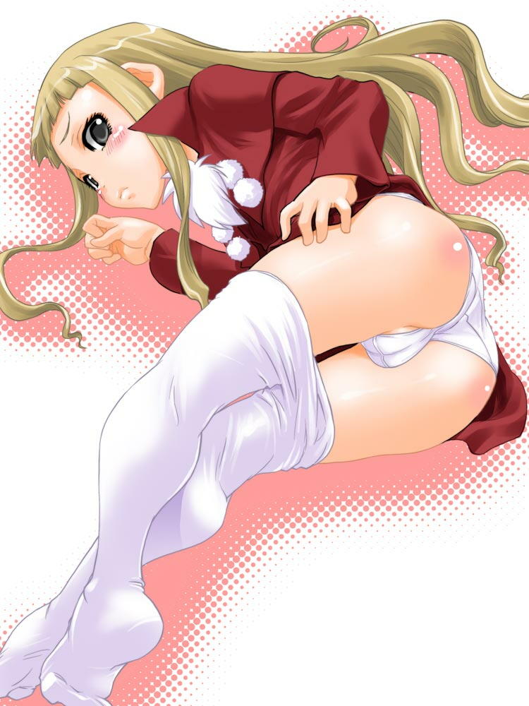 shinama, belfraw martini, summon night, summon night 3, 1girl, ass, blonde hair, cameltoe, clothes pull, fat mons, female focus, loli, long hair, lying, on side, panties, pantyhose, pantyhose pull, solo, underwear, white pantyhose