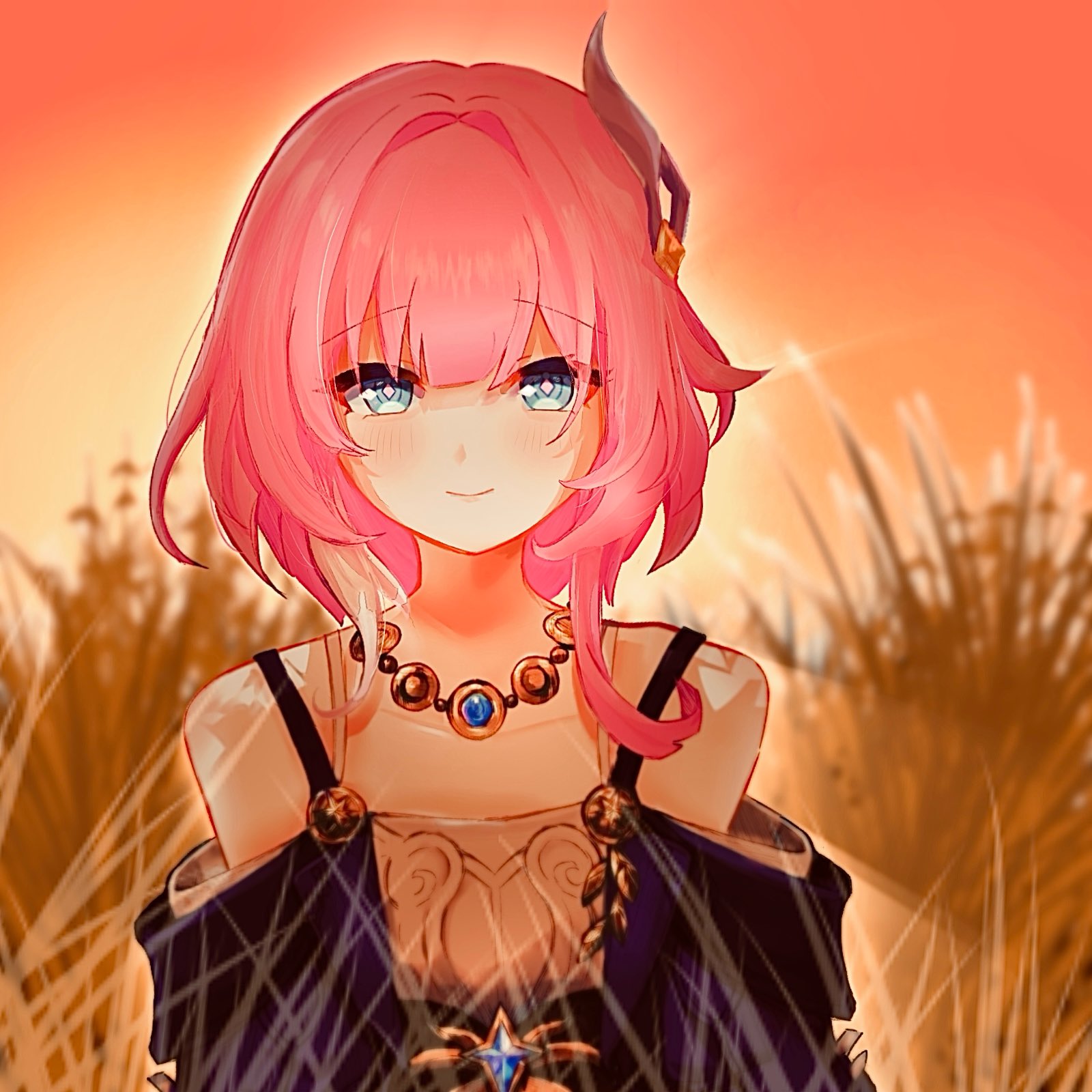 cyrene (honkai: star rail), honkai: star rail, honkai (series), highres, 1girl, bare shoulders, breasts, coat, cyrene (aedes elysiae) (honkai: star rail), daidaidaikon0, dress, hair ornament, jewelry, looking at viewer, multicolored hair, necklace, orange sky, outdoors, pink hair, purple coat, short hair, sky, small breasts, smile, solo, two-tone hair, wheat, wheat field, white dress, white hair