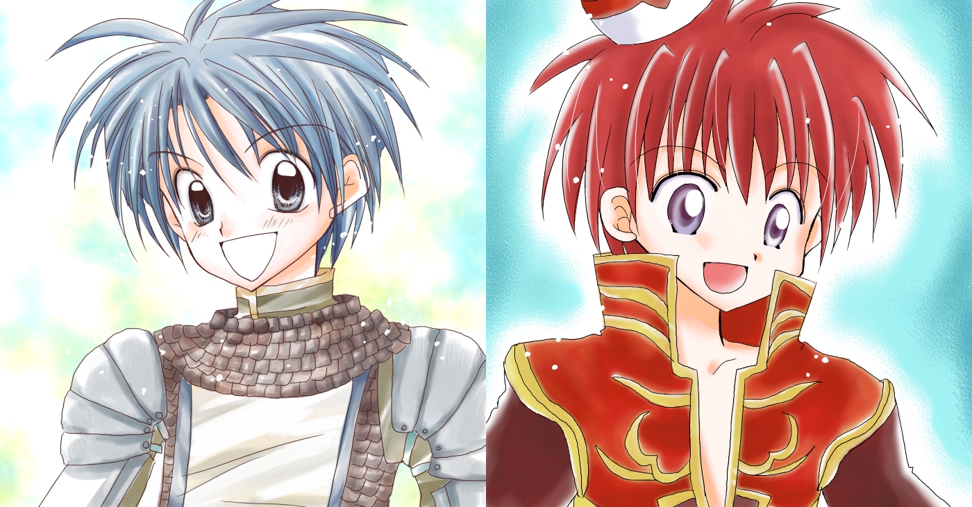 knight (ragnarok online), priest (ragnarok online), ragnarok online, commentary request, 1990s (style), 2boys, :d, armor, chainmail, coat, fujita maguro (style), gold trim, harasaka (cross), long sleeves, male focus, multiple boys, open mouth, parody, pauldrons, purple eyes, red coat, red hair, retro artstyle, short hair, shoulder armor, smile, style parody, tabard, tanemura arina (style), upper body, white tabard