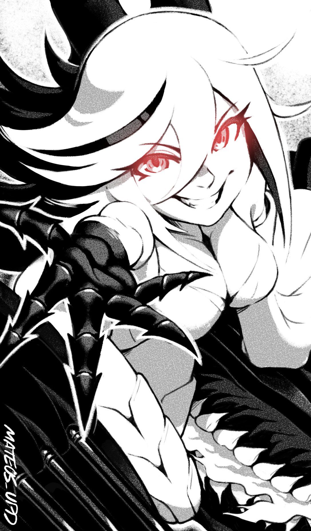 mateus upd, abyssal mediterranean princess, kantai collection, commission, highres, 1girl, abyssal ship, asymmetrical hair, breasts, claws, evil smile, glowing, glowing eyes, gun, leotard, long sleeves, medium breasts, monster, multicolored hair, reaching, reaching towards viewer, red eyes, ship turret, smile, teeth, weapon, white hair