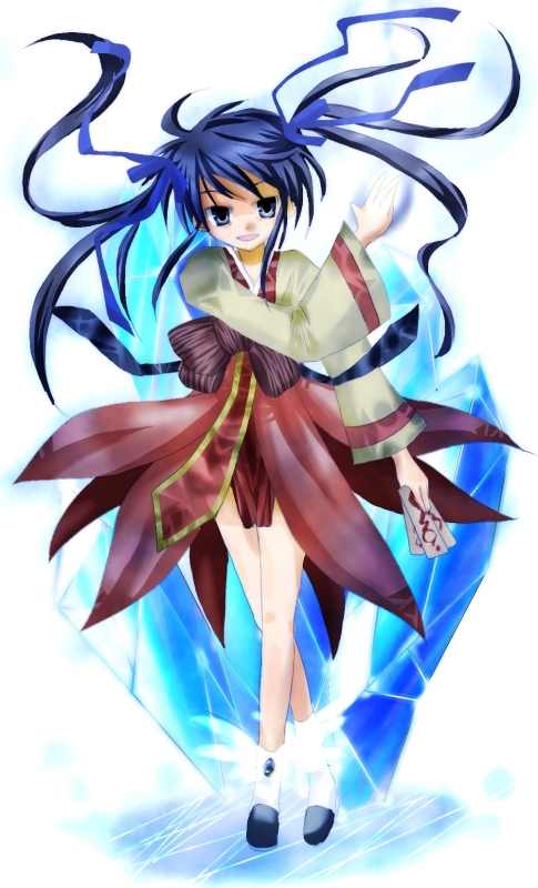 soul linker (ragnarok online), ragnarok online, commentary request, 1girl, 2000s (style), blue eyes, blue hair, brown shirt, brown skirt, cryokinesis, full body, hanbok, harasaka (cross), holding, holding ofuda, ice, korean clothes, long hair, long sleeves, looking at viewer, magic, ofuda, open mouth, shirt, shoes, simple background, skirt, smile, solo, twintails, white background, white shoes