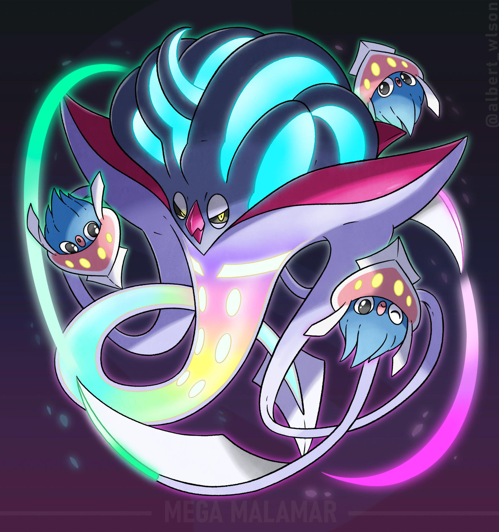 albrt-wlson, inkay, malamar, mega malamar, nintendo, pokemon, commentary, english commentary, highres, :o, beak, black sclera, character name, closed mouth, colored sclera, evolutionary line, gen 6 pokemon, mega pokemon, no humans, one eye closed, open mouth, pokemon (creature), pokemon focus, smile, squid, tentacles, yellow eyes