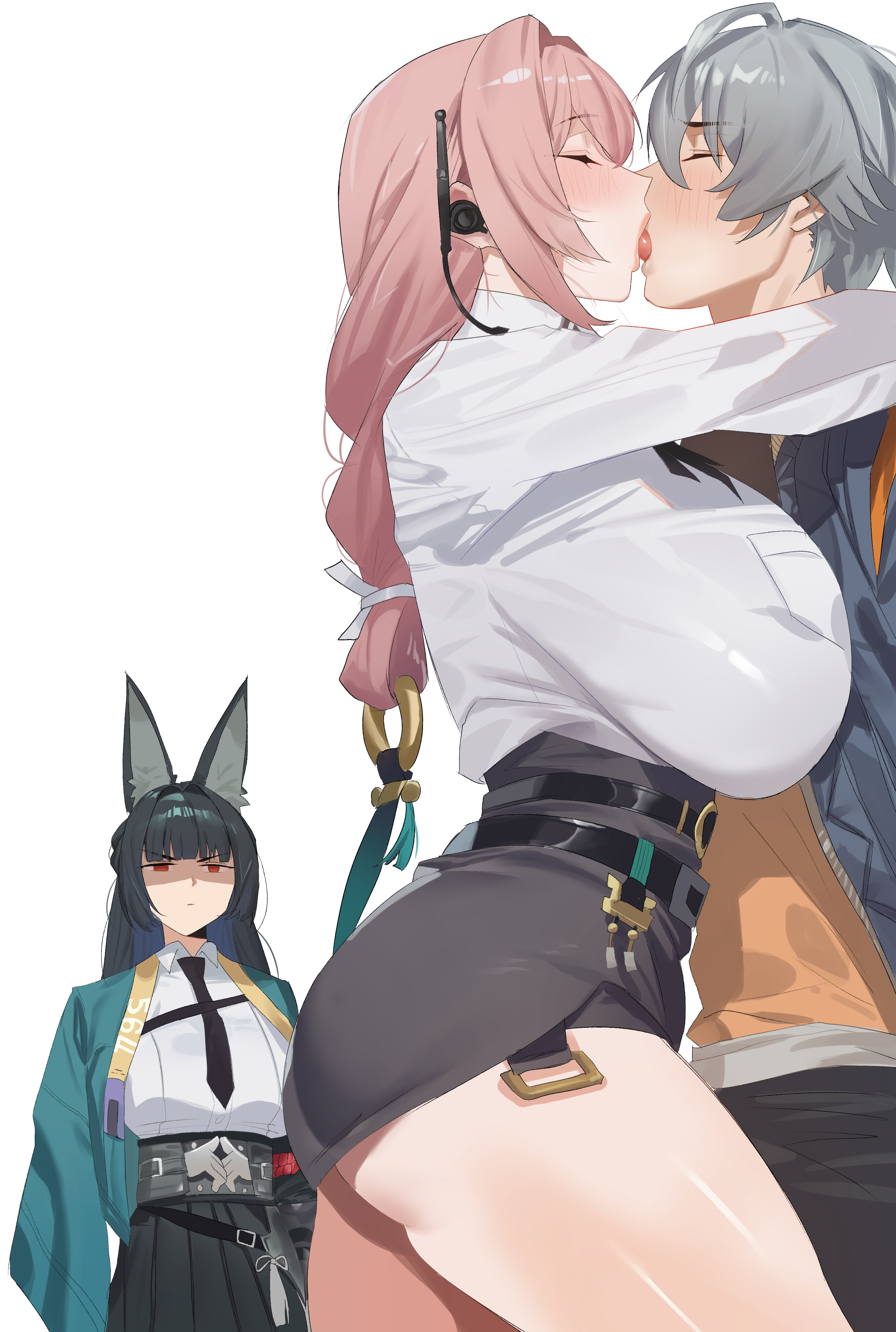 22 (wawara22), hoshimi miyabi, tsukishiro yanagi, wise (zenless zone zero), zenless zone zero, absurdres, highres, 1girl, 2girls, angry, animal ear fluff, animal ears, aqua jacket, arm out of sleeve, belt, black necktie, black pants, black skirt, blue jacket, blush, breasts, closed eyes, dress shirt, earphones, fingerless gloves, fox ears, fox girl, french kiss, gauntlets, gloves, green jacket, grey hair, high-waist skirt, jacket, kiss, large breasts, multiple girls, necktie, orange shirt, pants, pencil skirt, pink hair, red eyes, ring hair ornament, shirt, single fingerless glove, single gauntlet, skirt, thighs, tongue, white background