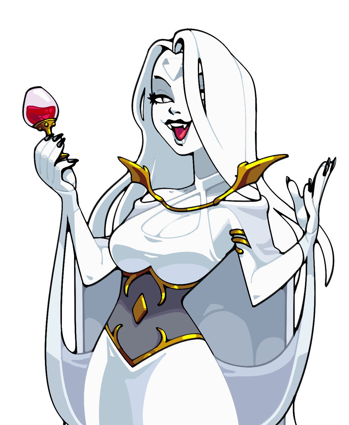 discount-supervillain, white diamond (steven universe), steven universe, highres, 1girl, alternate costume, alternate hairstyle, blood, breasts, cleavage, colored skin, diamond (species) (steven universe), dress, eyelashes, fangs, forehead jewel, gem, lips, lipstick, long hair, makeup, open mouth, smile, solo, teeth, upper teeth only, vampire, white dress, white hair, white skin